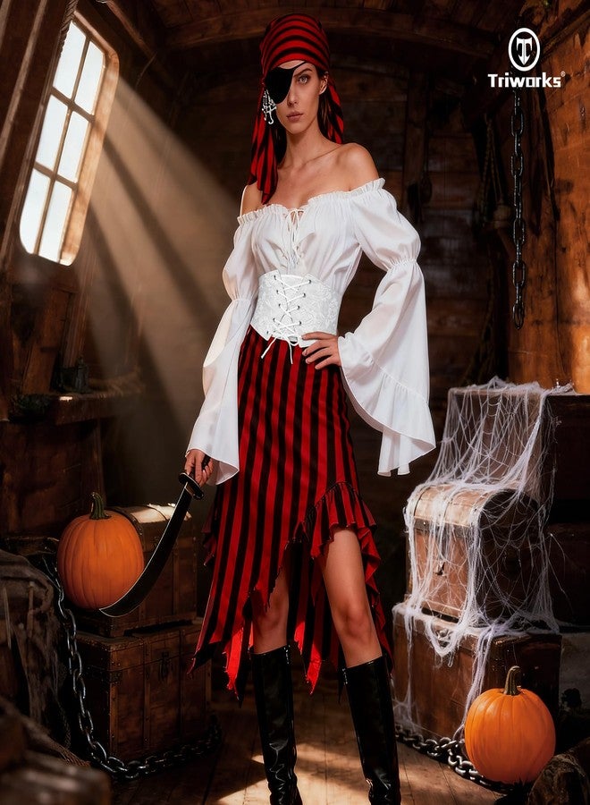 TRIWORKS Women Waist Belt Corset Lace Up Tied Waspie Elastic Wide Belt for Dresses Halloween Pirate Corset White - Image 3